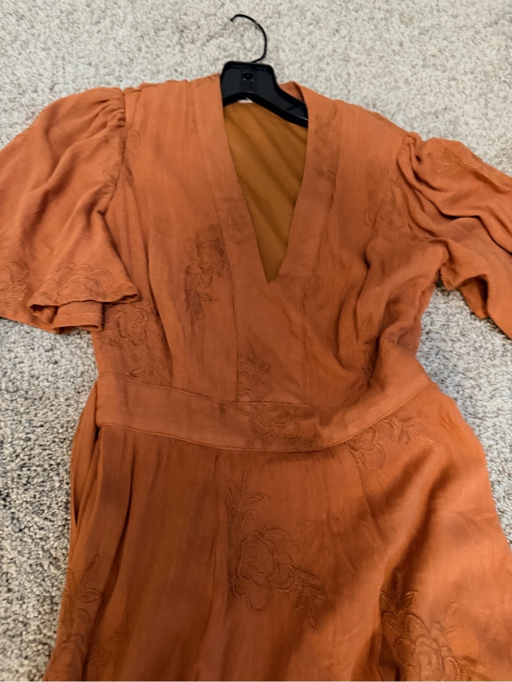 Women's Rust Orange V-Neck Embroidered Dress